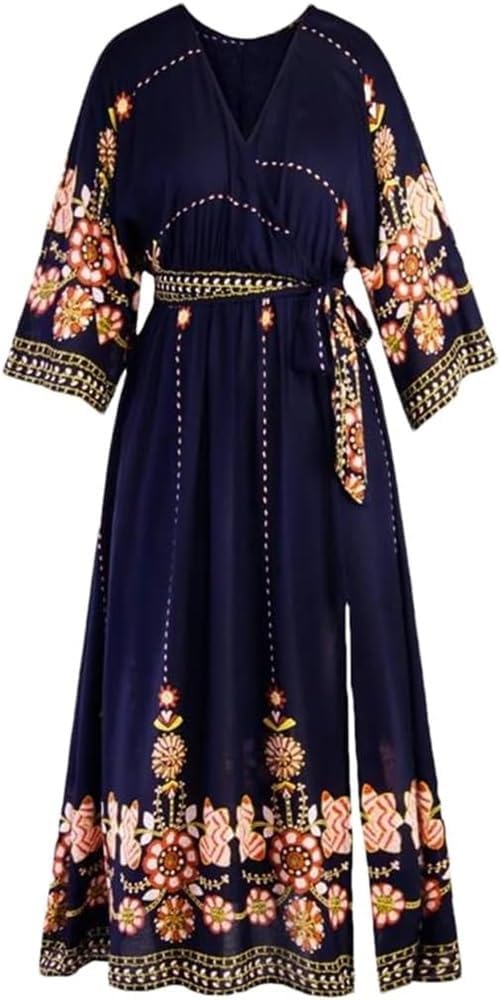 Women V-Neck Long Sleeve Printed Cotton Dress High Waist Loose Pullover Maxi Dress(5X-L) Navy