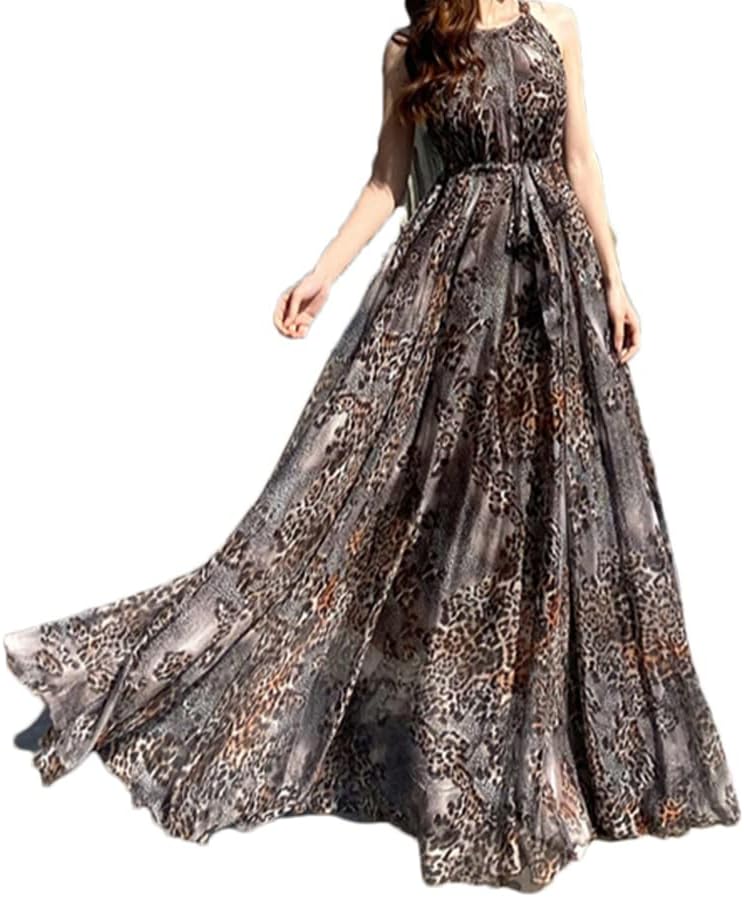 Women's Chiffon Leopard Print Maxi Long Bohemian Flowy Beach Dress