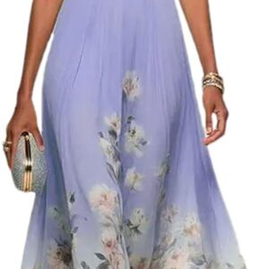 Women's Floral Chiffon Maxi Dress - Summer Elegant V-Neck A-Line Dress with High Waist