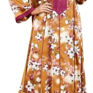 Women's Modest Casual Floral Print Maxi Dress Long Sleeve V-Neck Loose Fit Comfortable Vacation Dresses