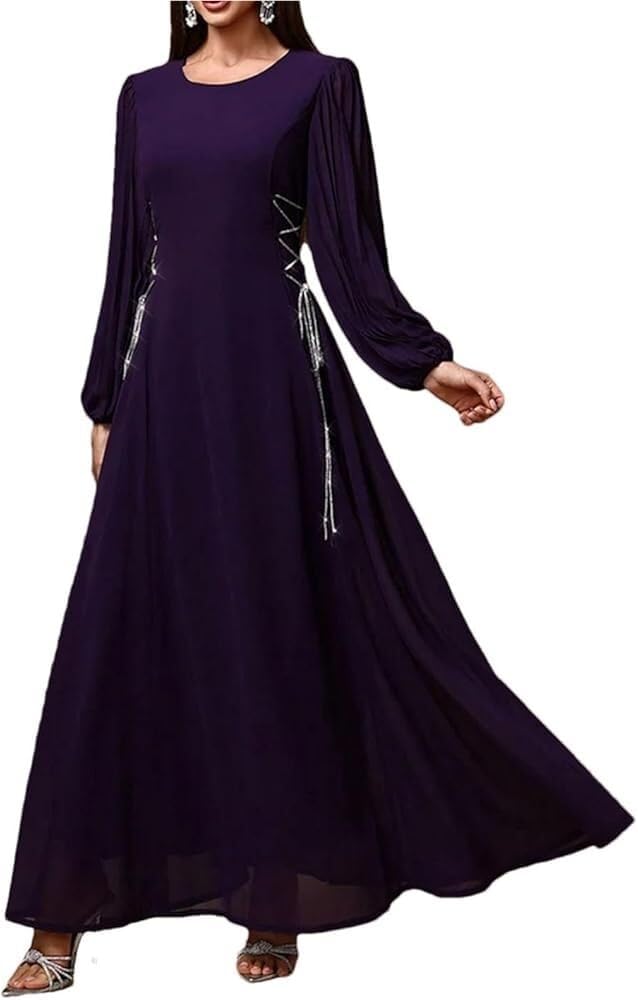 Women's Solid Color A-Line Party Dress Long Sleeve O-Neck Drawstring Loose Fit Casual Maxi Dresses