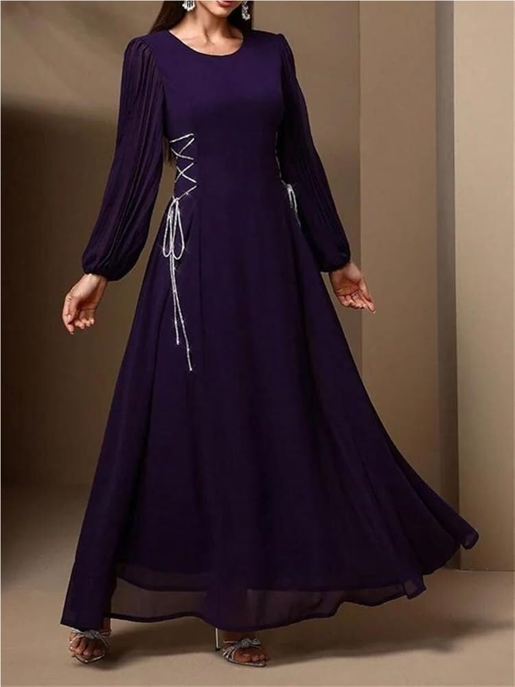 Women's Solid Color A-Line Party Dress Long Sleeve O-Neck Drawstring Loose Fit Casual Maxi Dresses - Image 2