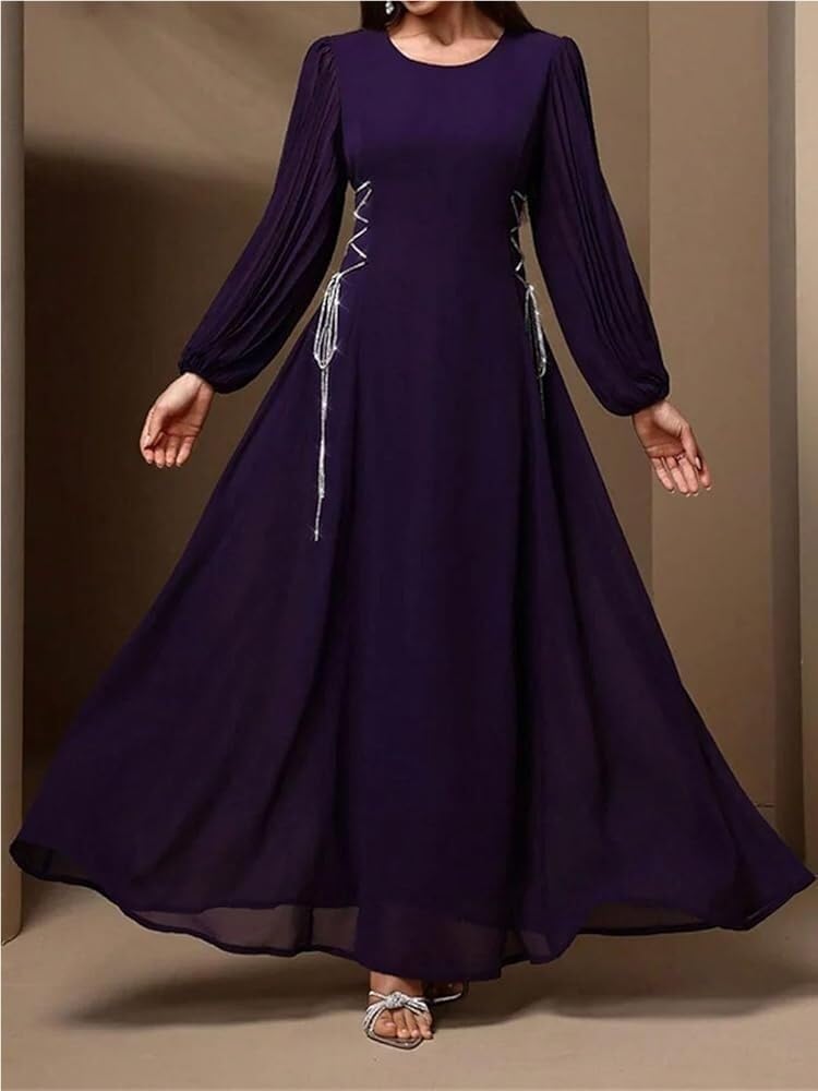 Women's Solid Color A-Line Party Dress Long Sleeve O-Neck Drawstring Loose Fit Casual Maxi Dresses - Image 3