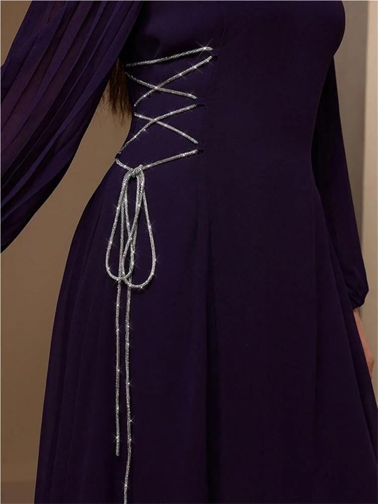 Women's Solid Color A-Line Party Dress Long Sleeve O-Neck Drawstring Loose Fit Casual Maxi Dresses - Image 6