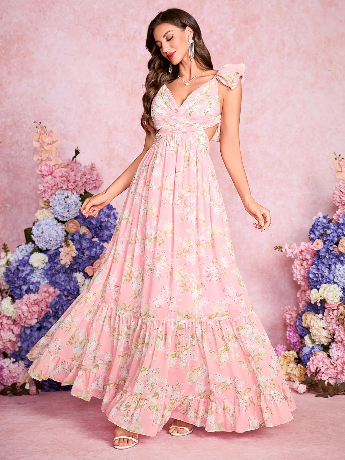 Women's Summer Floral Print Straps Sleeveless V Neck Criss Cross Backless Chiffon Beach Boho Party Long Maxi Dress - Image 4