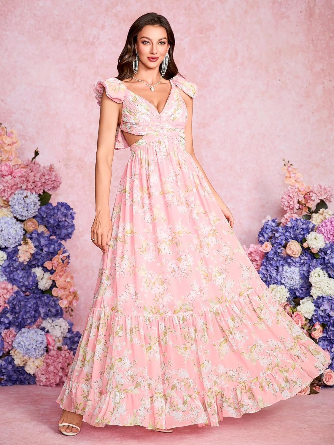 Women's Summer Floral Print Straps Sleeveless V Neck Criss Cross Backless Chiffon Beach Boho Party Long Maxi Dress - Image 5