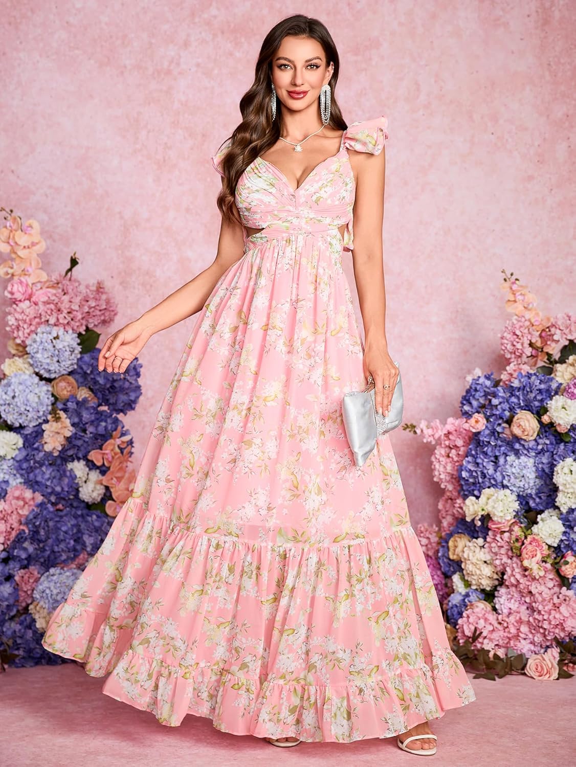 Women's Summer Floral Print Straps Sleeveless V Neck Criss Cross Backless Chiffon Beach Boho Party Long Maxi Dress - Image 3