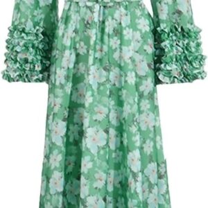 Women's V Neck Loose Dress Long Sleeve High Waist Contrast Stitch Belt Elegant Casual Maxi Dress